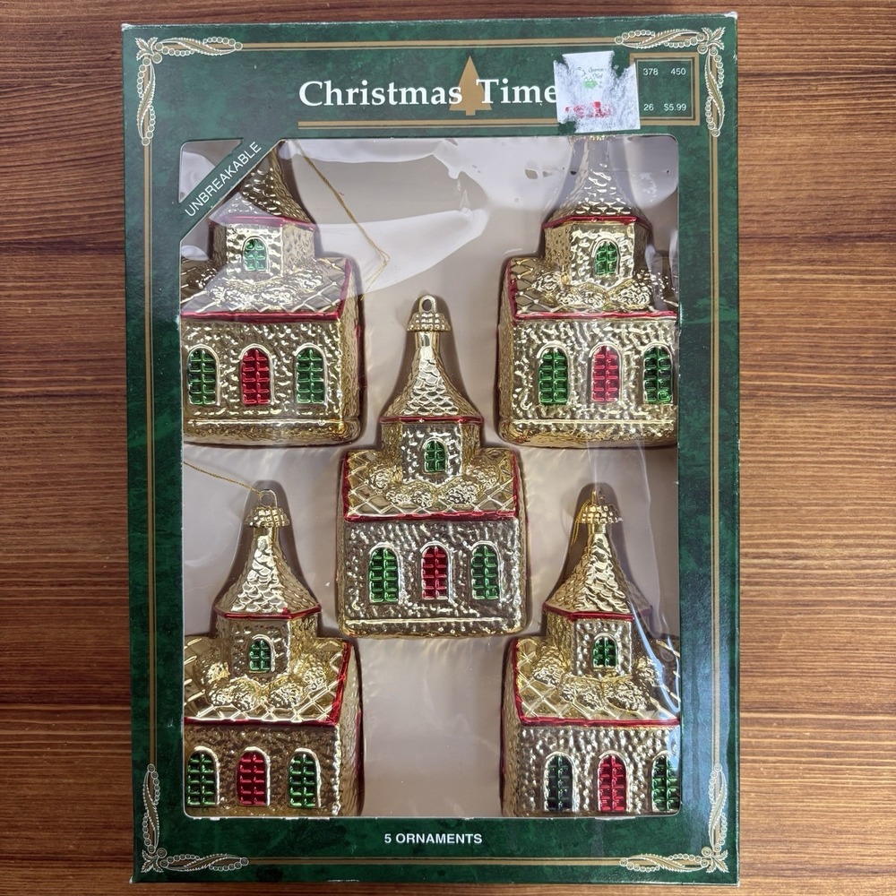 Vintage Christmas Time Gold Church Ornaments Set of 5 Unbreakable‎ Boxed Decor